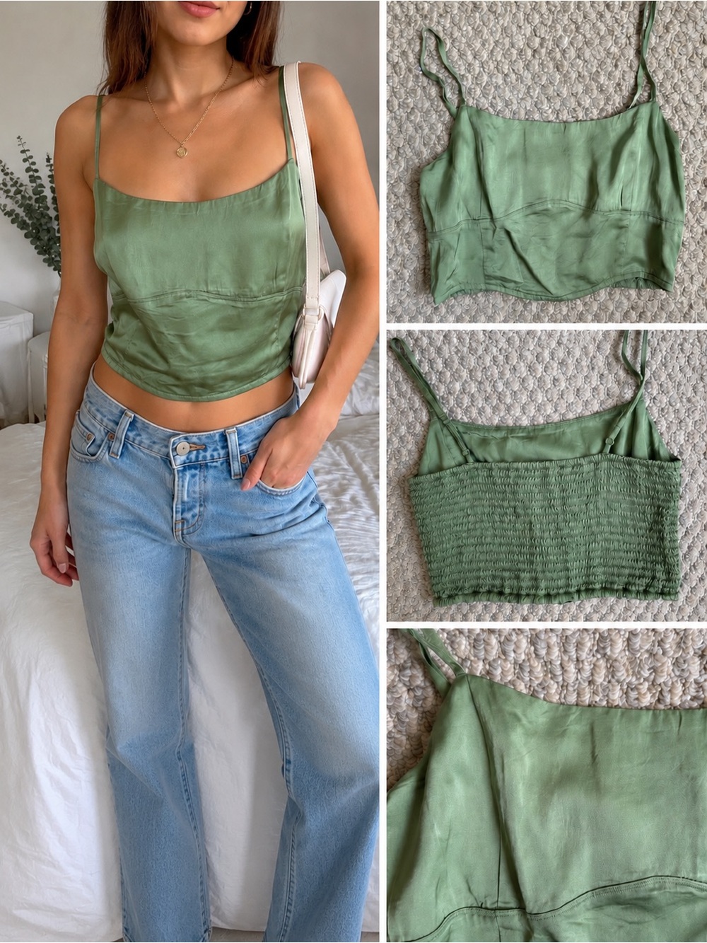 Aerie Sage Green Satin Crop Cami